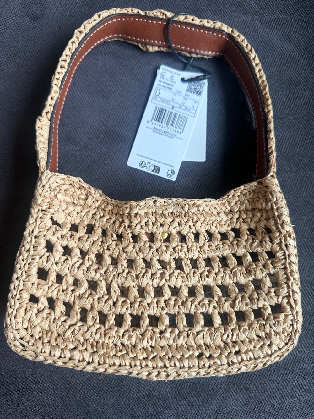 Mango Woven Straw Shoulder Bag with Brown Leather Trim - Picture 2 of 5